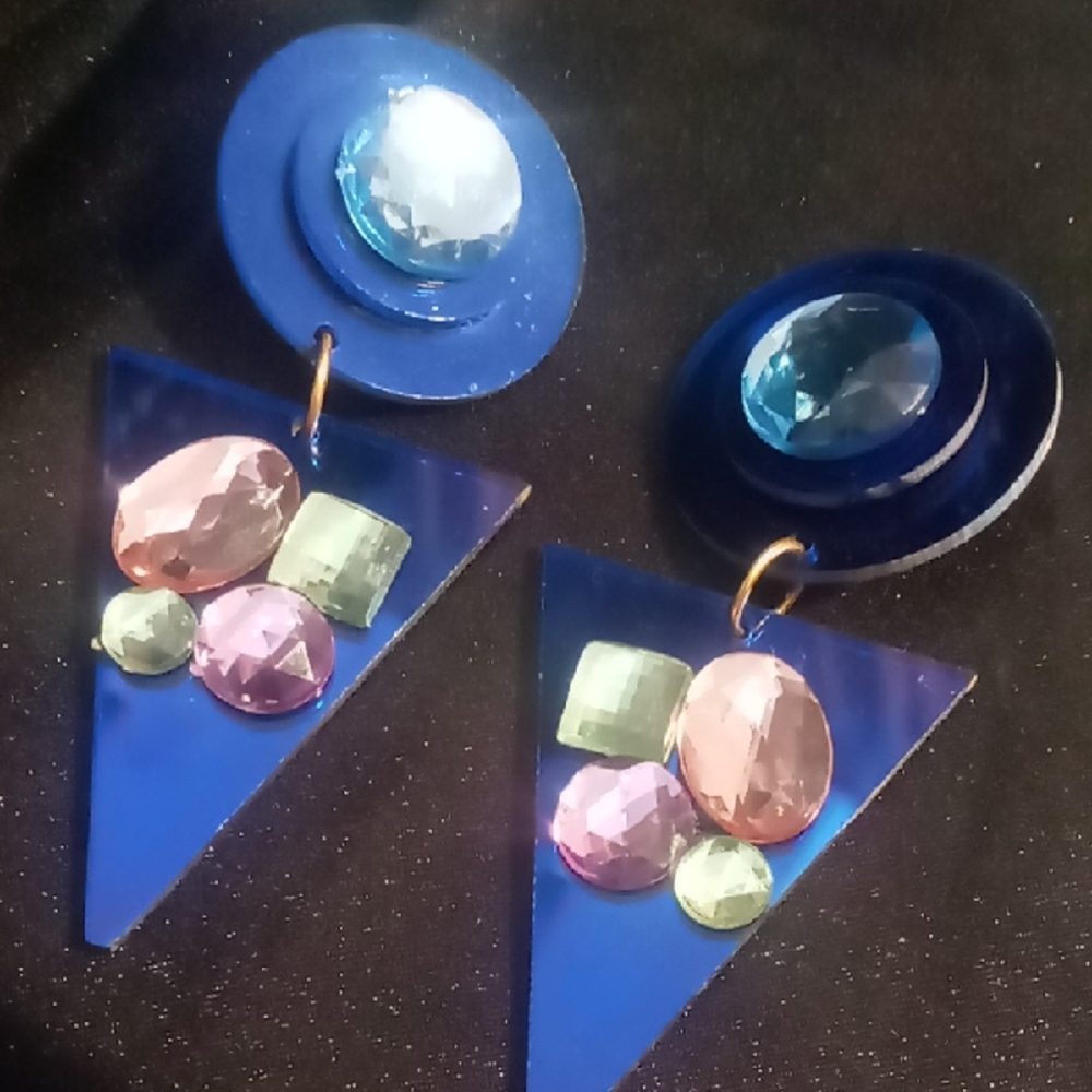 Vintage Blue, Pink & Green  Geometric Earrings clip on